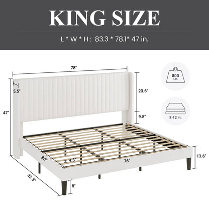King size White Velvet Upholstered Platform Bed Frame with Wingback Headboard