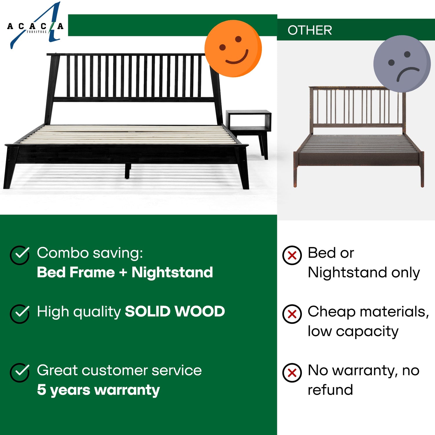 Kaylin Acacia Bed Frame &amp; Nightstand Set