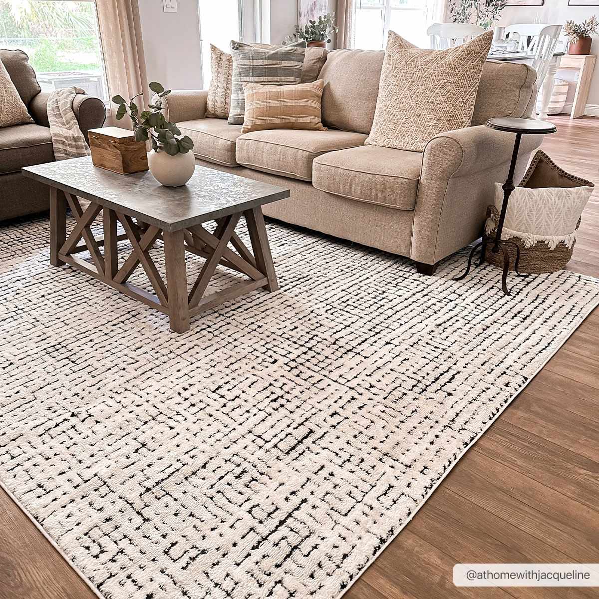 Keita Cream &amp; Black Grid Plush Rug