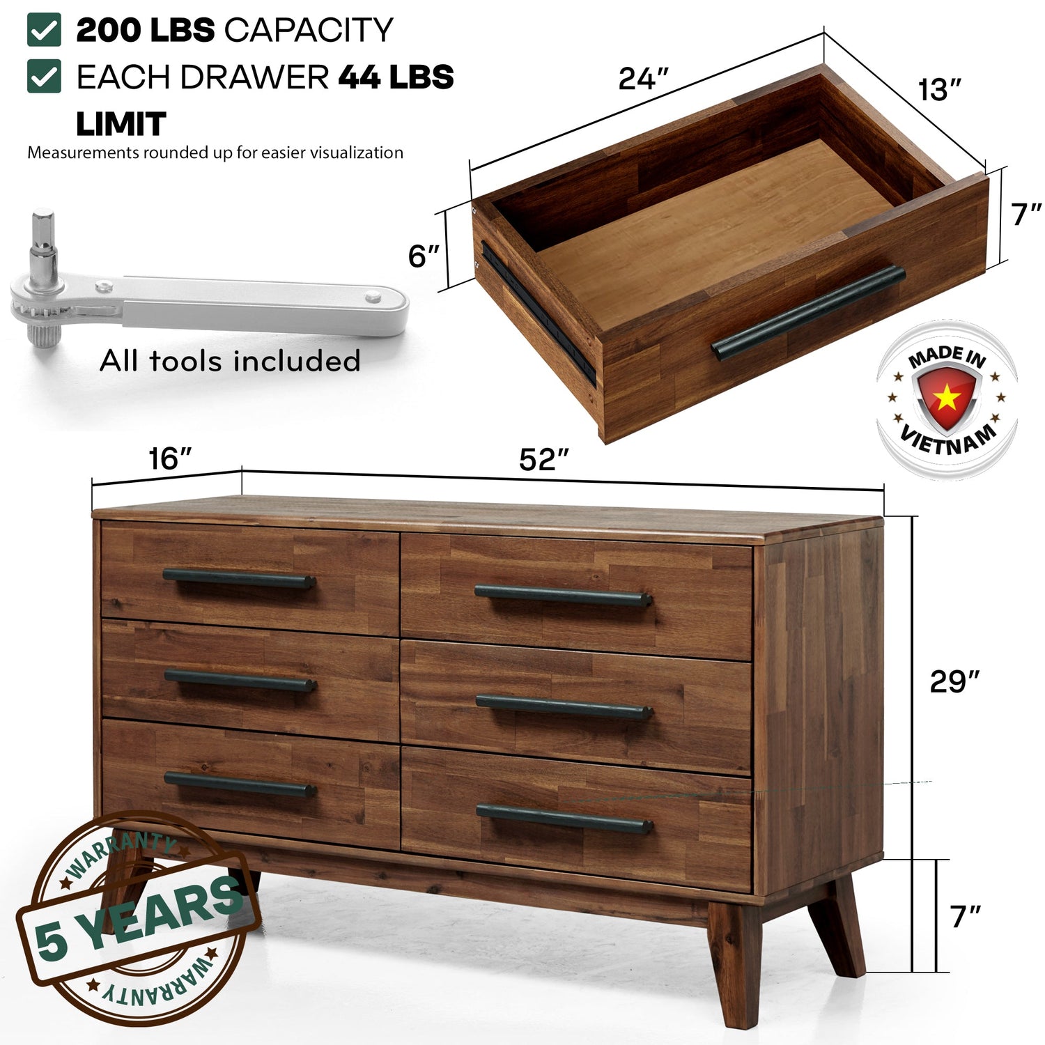 Acacia Legacy Solid Wood Dresser in Caramel or Walnut
