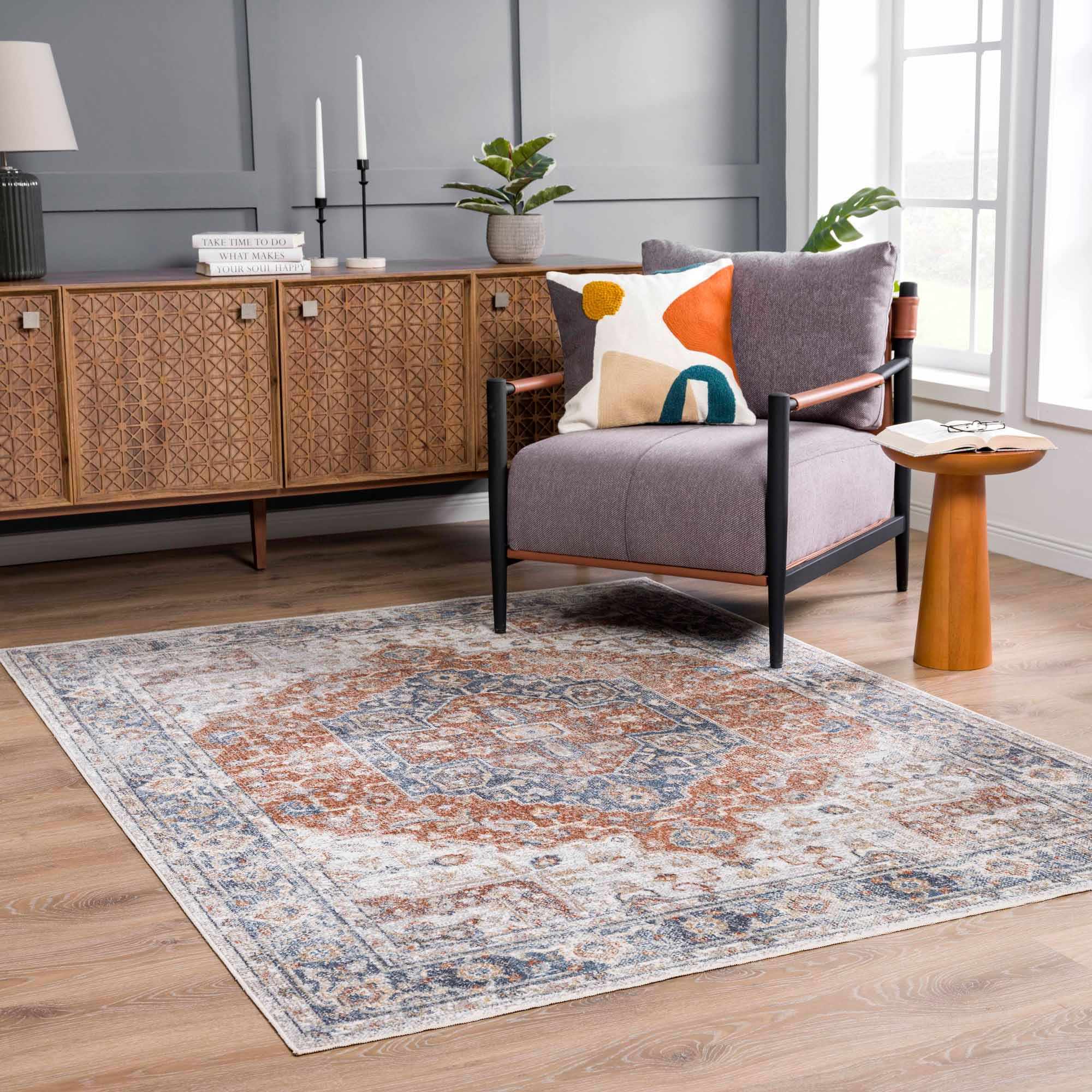 Akram Gray &amp; Orange Washable Area Rug - Clearance