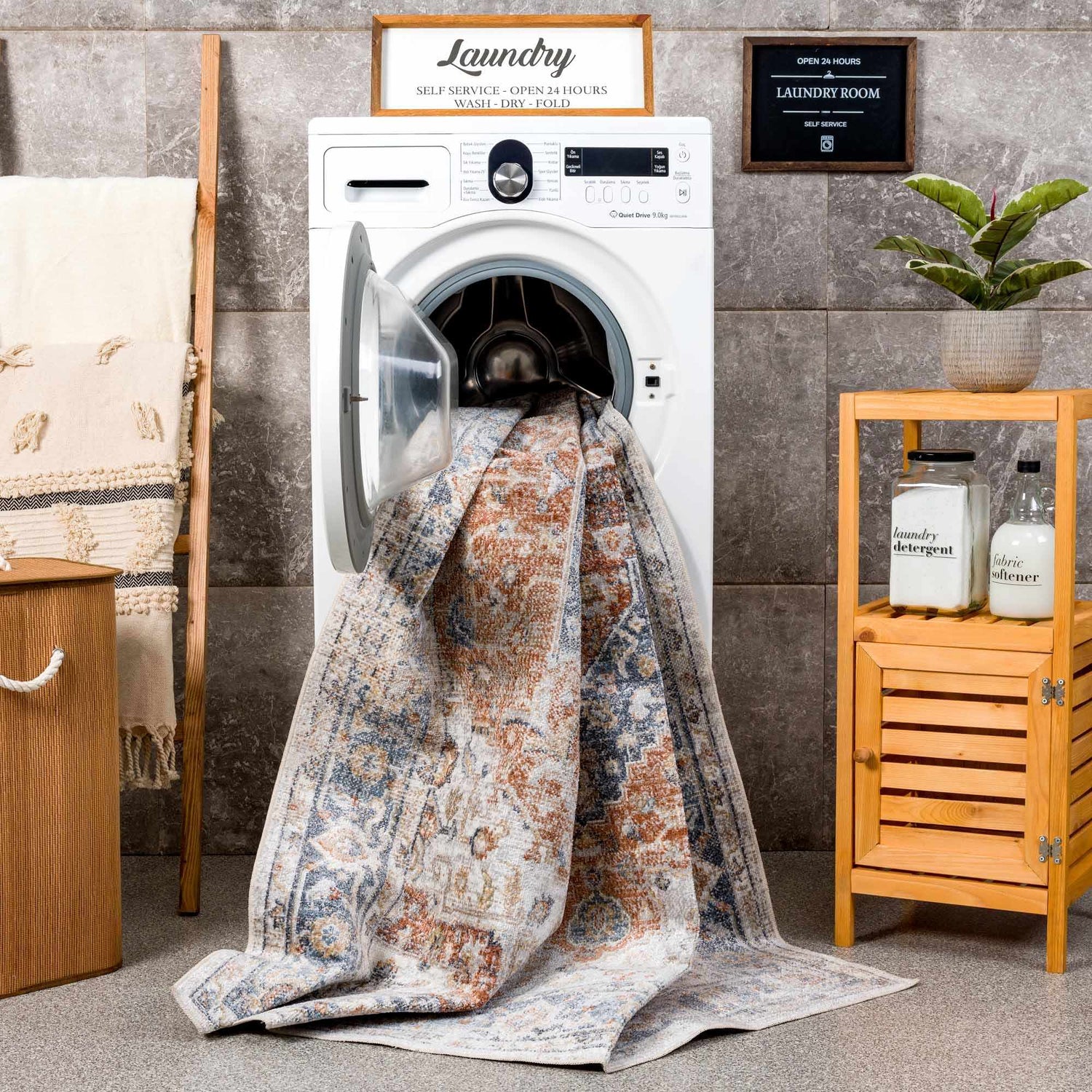 Akram Gray &amp; Orange Washable Area Rug - Clearance