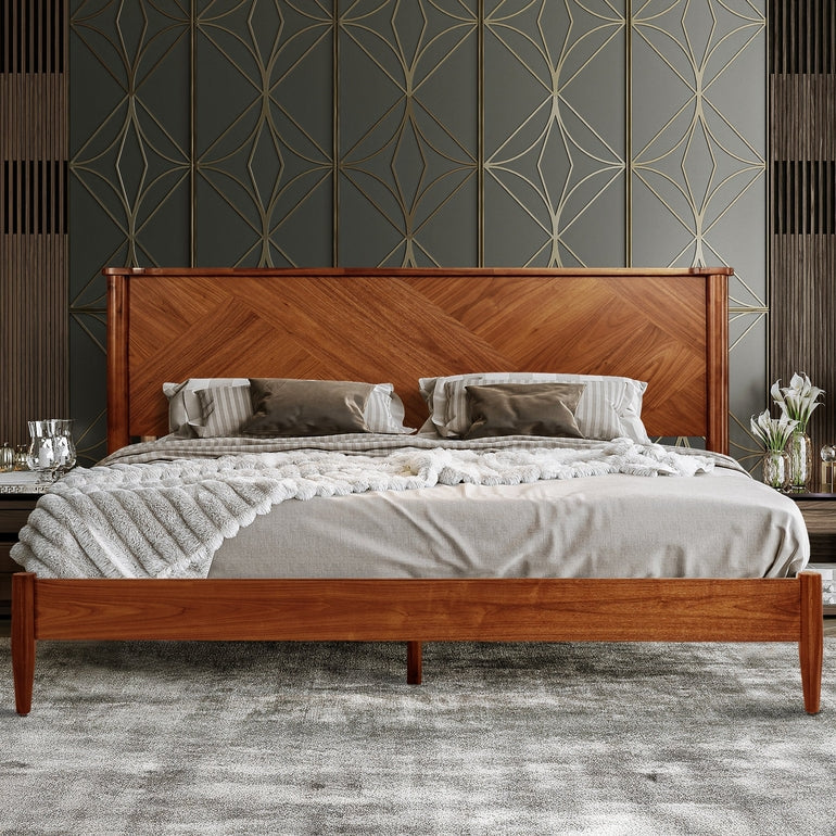 Panthera Acacia Platform Bed Frame With Headboard - Caramel, Walnut