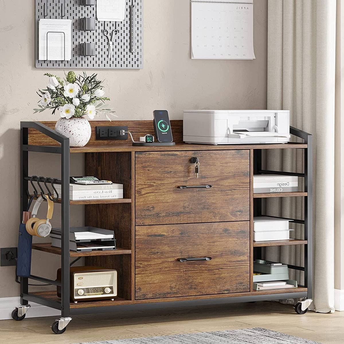 Mobile Printer Stand with Bookshelves and File Cabinet - Brown
