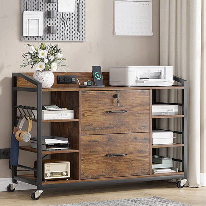 Mobile Printer Stand with Bookshelves and File Cabinet - Brown