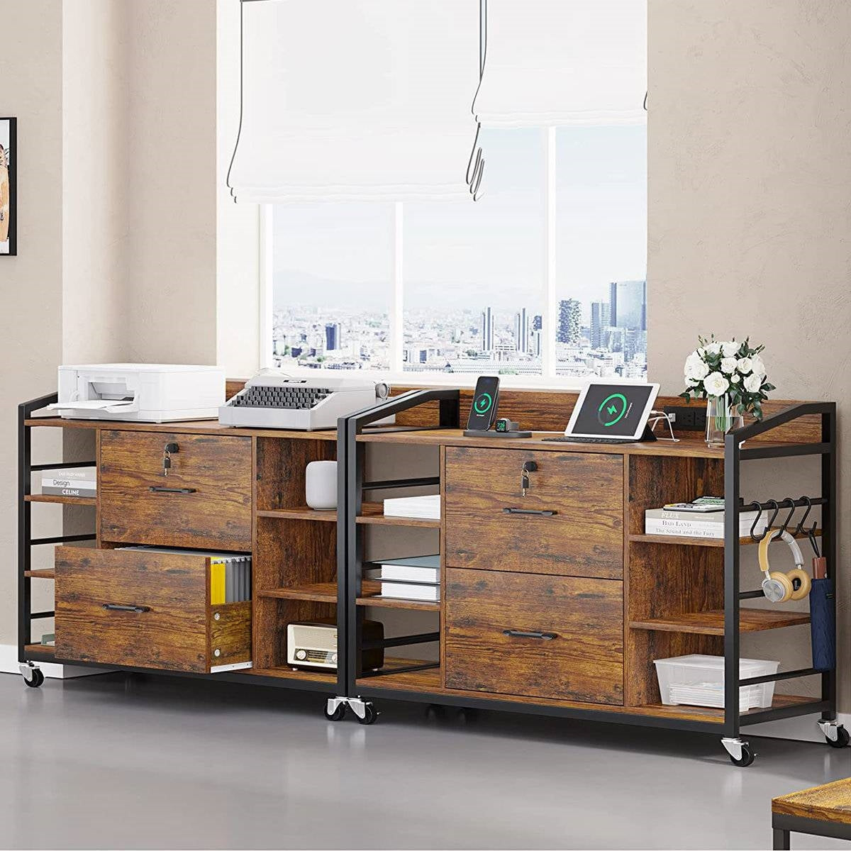 Mobile Printer Stand with Bookshelves and File Cabinet - Brown