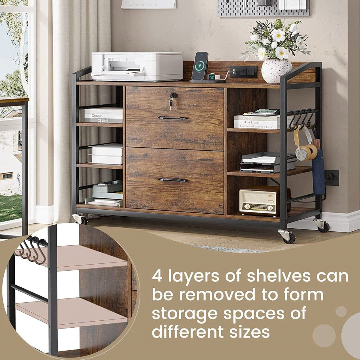 Mobile Printer Stand with Bookshelves and File Cabinet - Brown