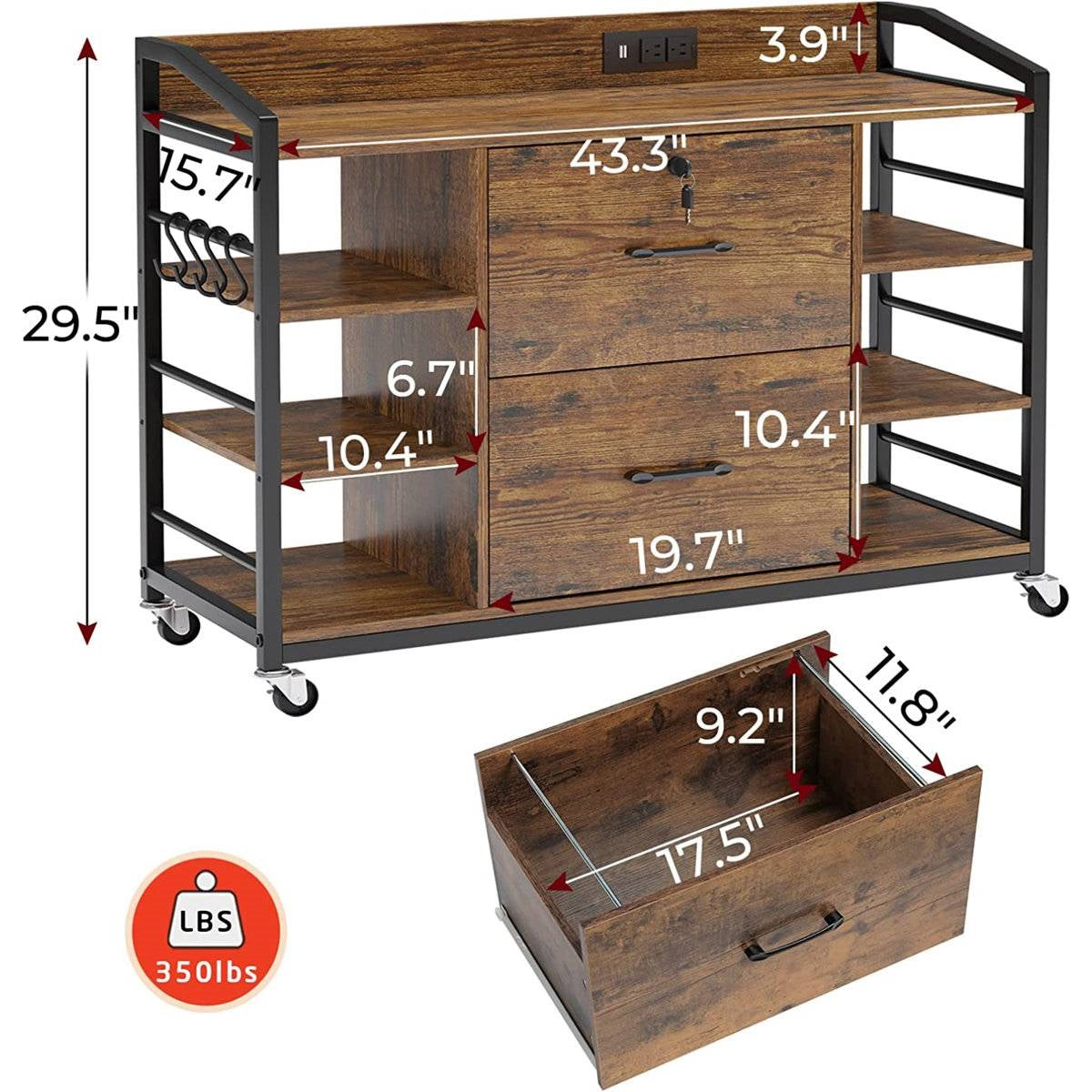 Mobile Printer Stand with Bookshelves and File Cabinet - Brown