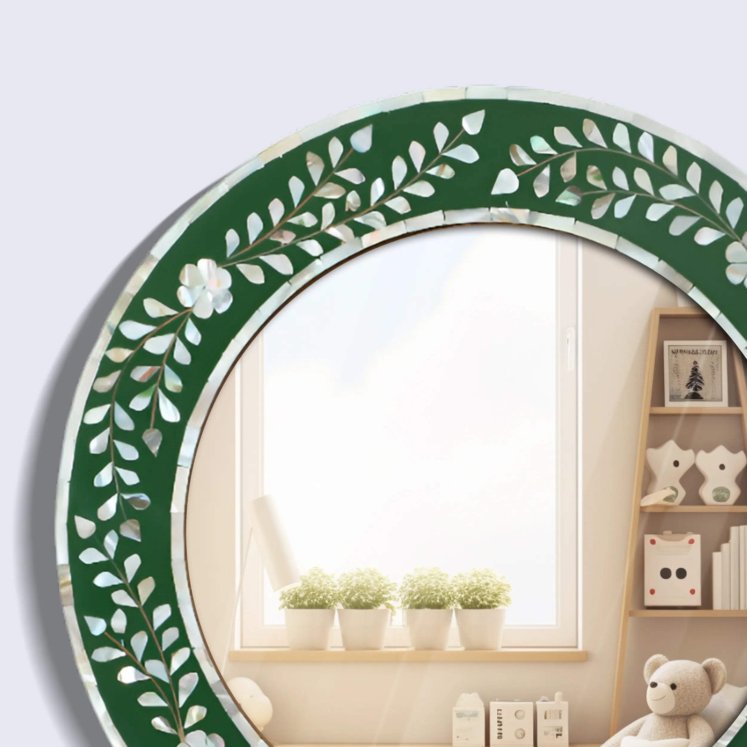 Handcrafted Round Mosaic  Mother of Pearl Wall Mirror in Green