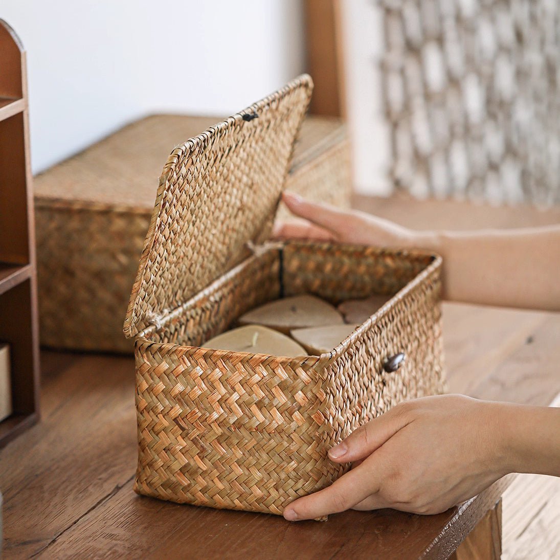 Rectangular Natural Straw Storage Baskets with Lid