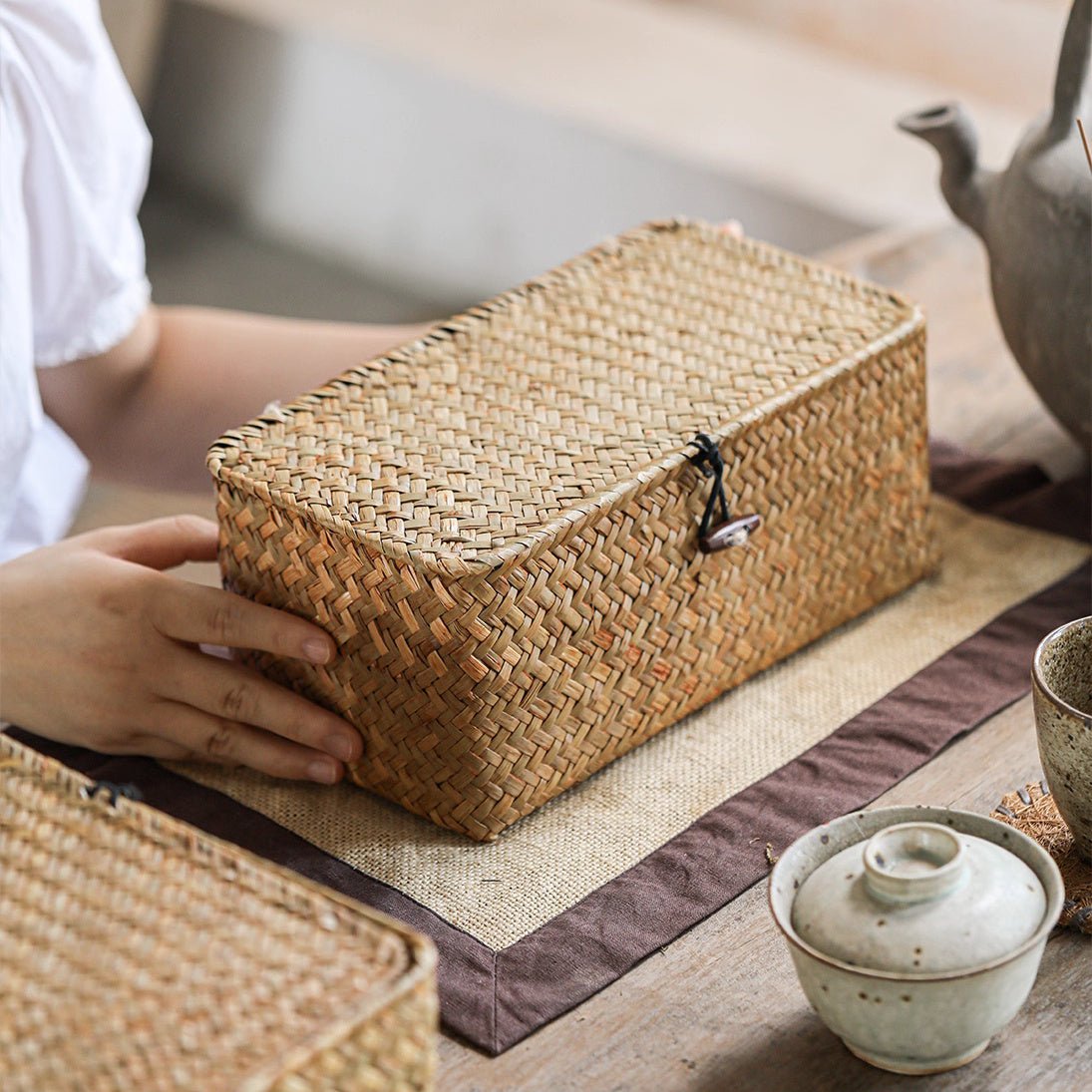 Rectangular Natural Straw Storage Baskets with Lid