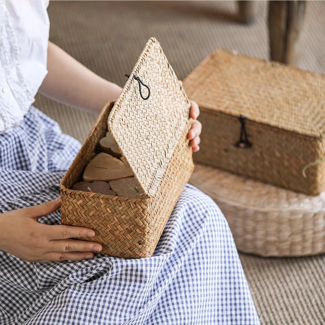 Rectangular Natural Straw Storage Baskets with Lid
