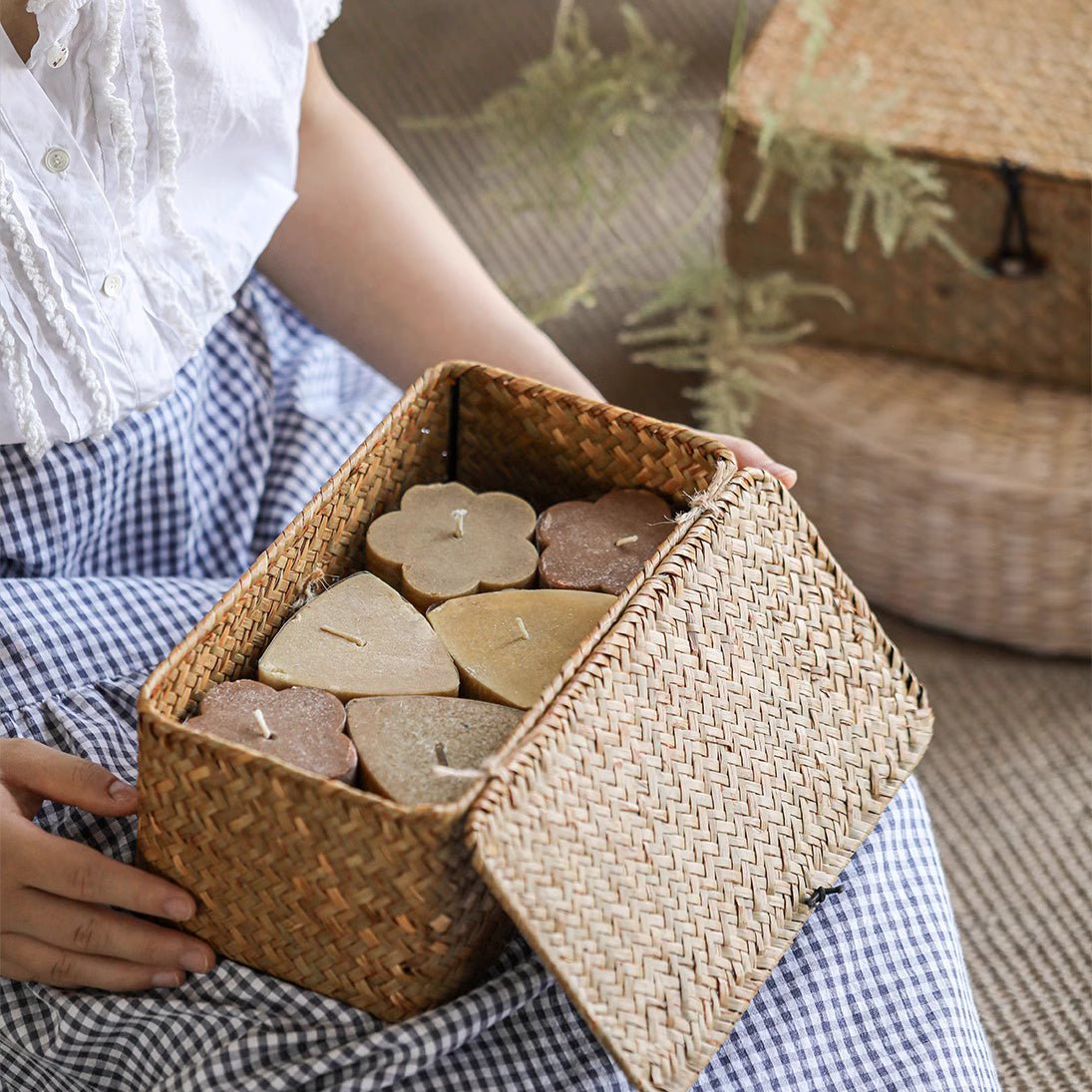 Rectangular Natural Straw Storage Baskets with Lid