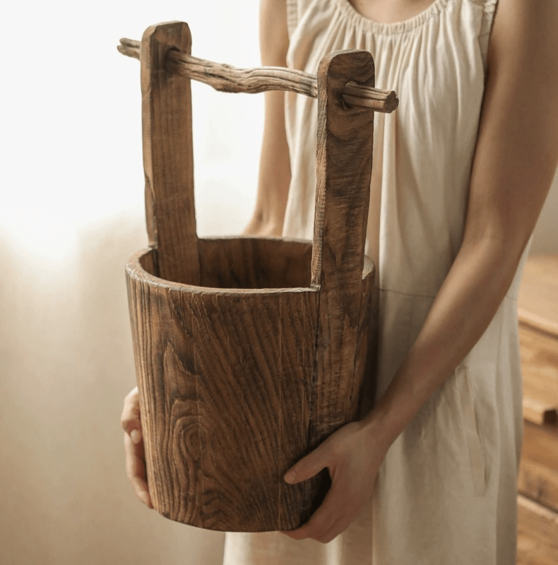 Antique-Style Wooden Round Bucket