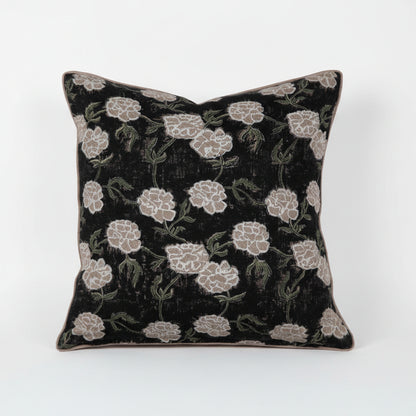 Maria Linen Floral Pillow Cover - Noir