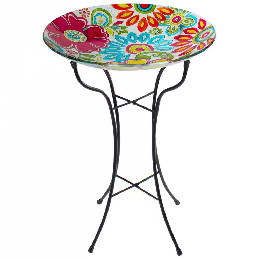 18-inch Painted Glass Outdoor Bird Bath w/ Stand - Red/Blue/Orange Floral
