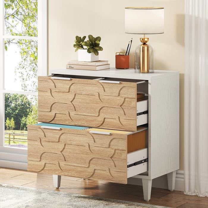Modern Natural/White Wood 2 Drawer Printer Stand with Filing Cabinet