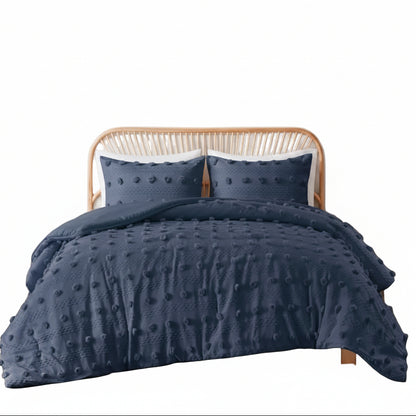 Full/Queen 3 Piece Navy Pompom Microfiber Hypoallergenic Comforter Set