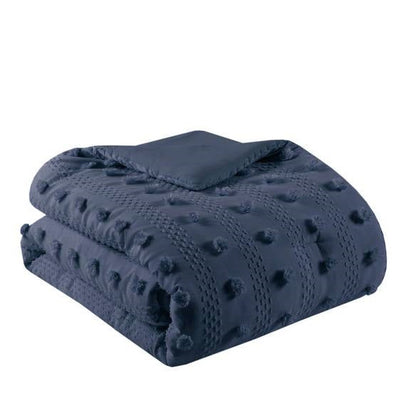 Full/Queen 3 Piece Navy Pompom Microfiber Hypoallergenic Comforter Set