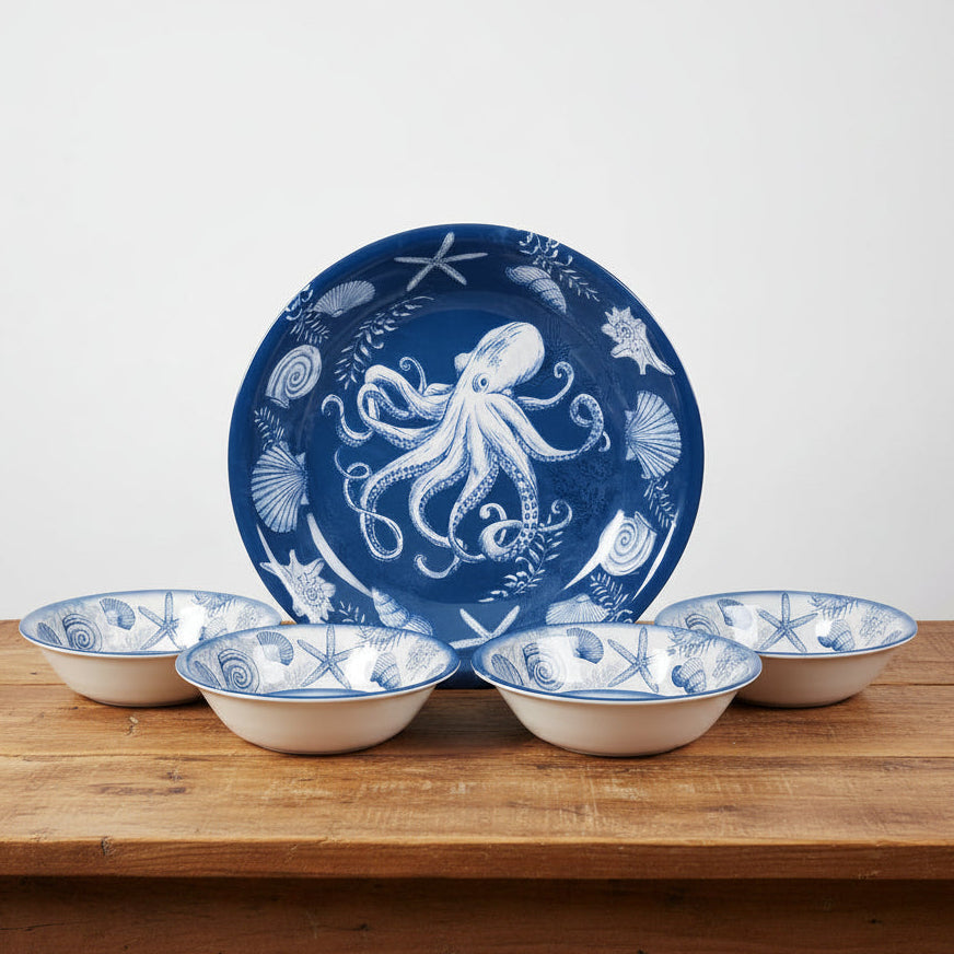 5-Piece Starfish Sea Shells Octopus Beach Dinner Bowl Set in Blue and White