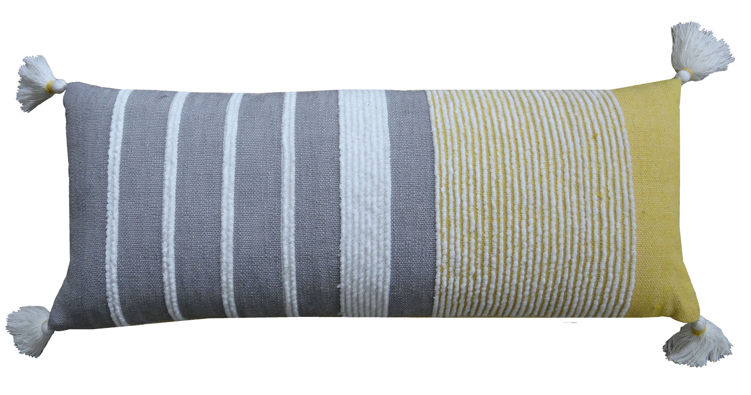 Extra Long Grey/Yellow Handwoven Lumbar Pillow - 14X36 Inch