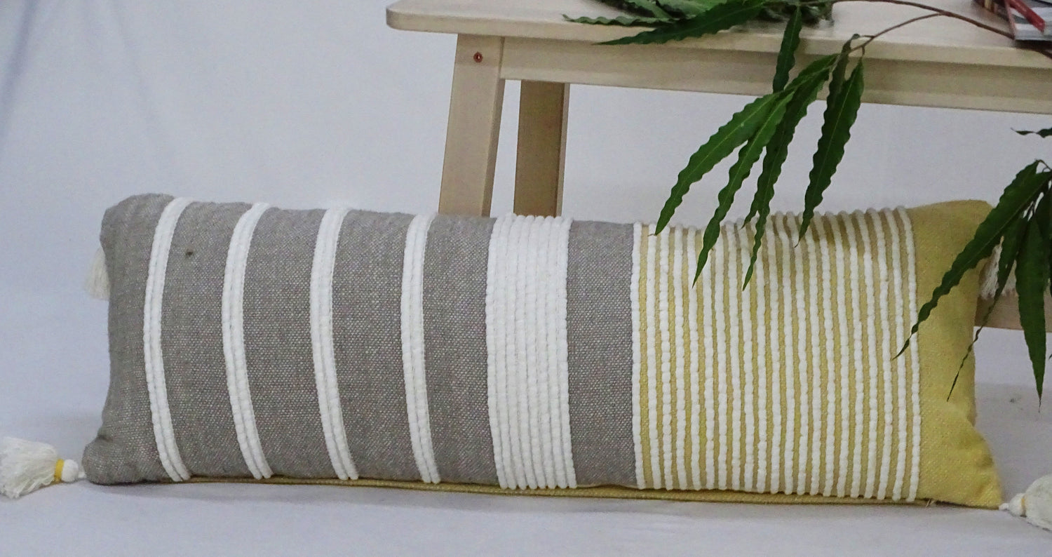 Extra Long Grey/Yellow Handwoven Lumbar Pillow - 14X36 Inch