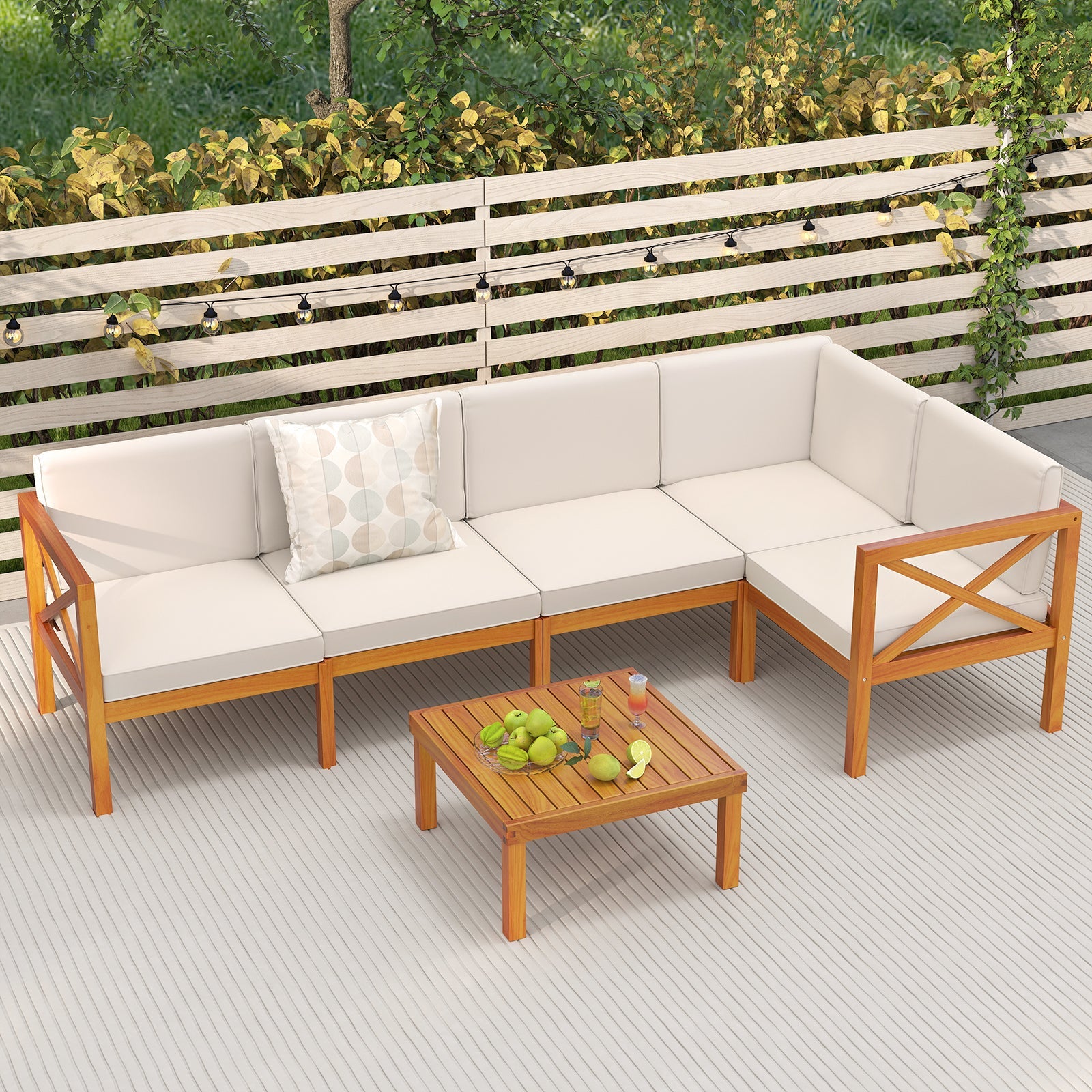 Outdoor 6 Piece Acacia Wood Patio Sectional Furniture Set - Off White