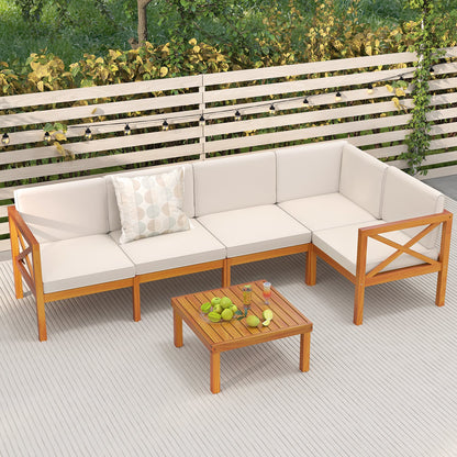 Outdoor 6 Piece Acacia Wood Patio Sectional Furniture Set - Off White