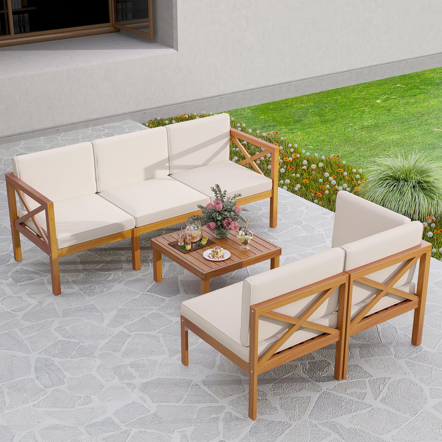 Outdoor 6 Piece Acacia Wood Patio Sectional Furniture Set - Off White
