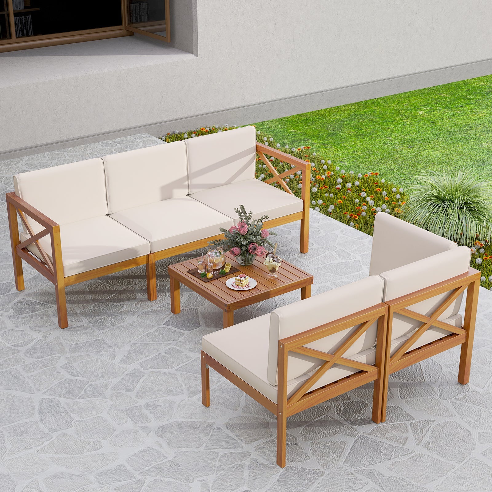 Outdoor 6 Piece Acacia Wood Patio Sectional Furniture Set - Off White