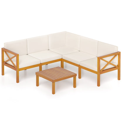 Outdoor 6 Piece Acacia Wood Patio Sectional Furniture Set - Off White