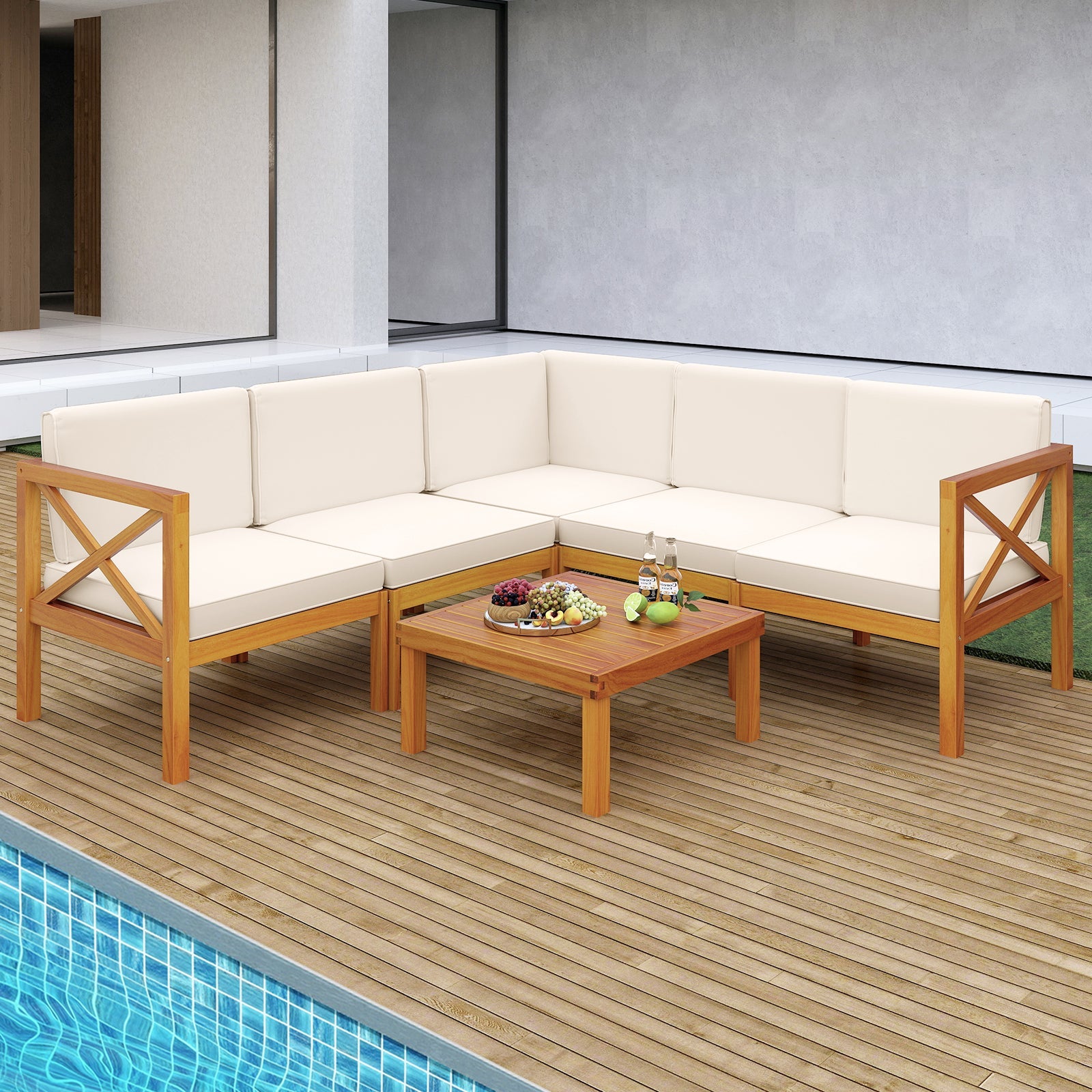 Outdoor 6 Piece Acacia Wood Patio Sectional Furniture Set - Off White