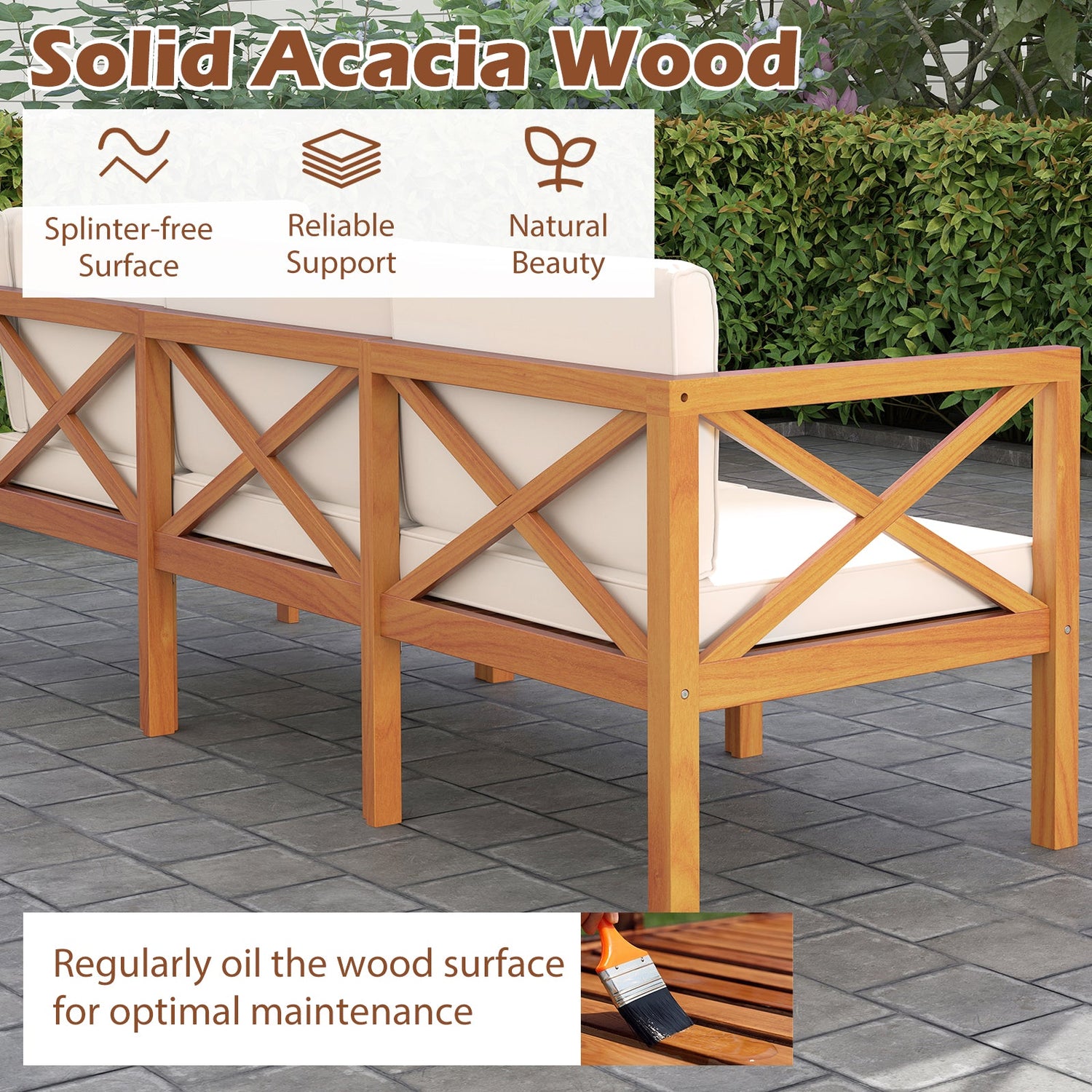Outdoor 6 Piece Acacia Wood Patio Sectional Furniture Set - Off White