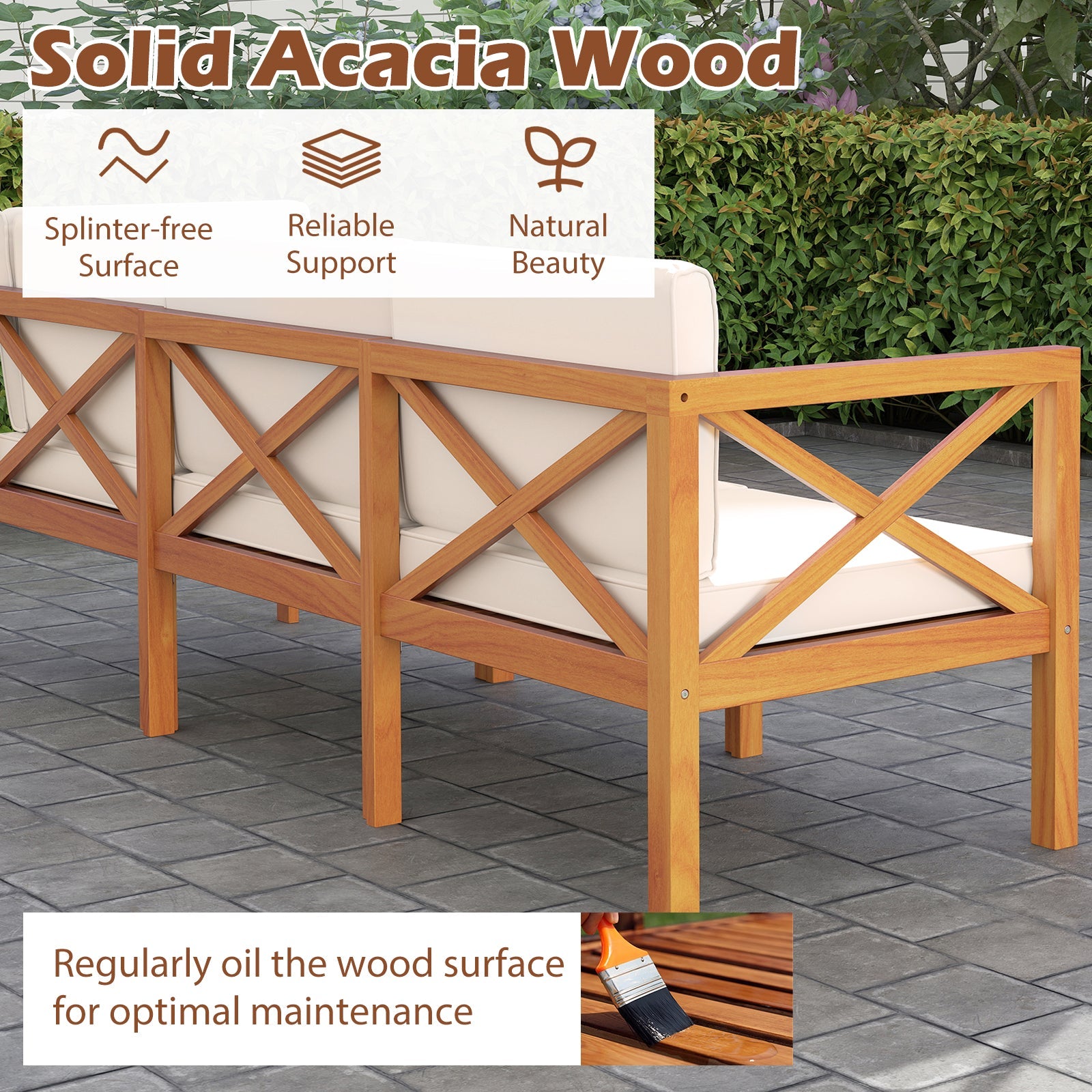 Outdoor 6 Piece Acacia Wood Patio Sectional Furniture Set - Off White