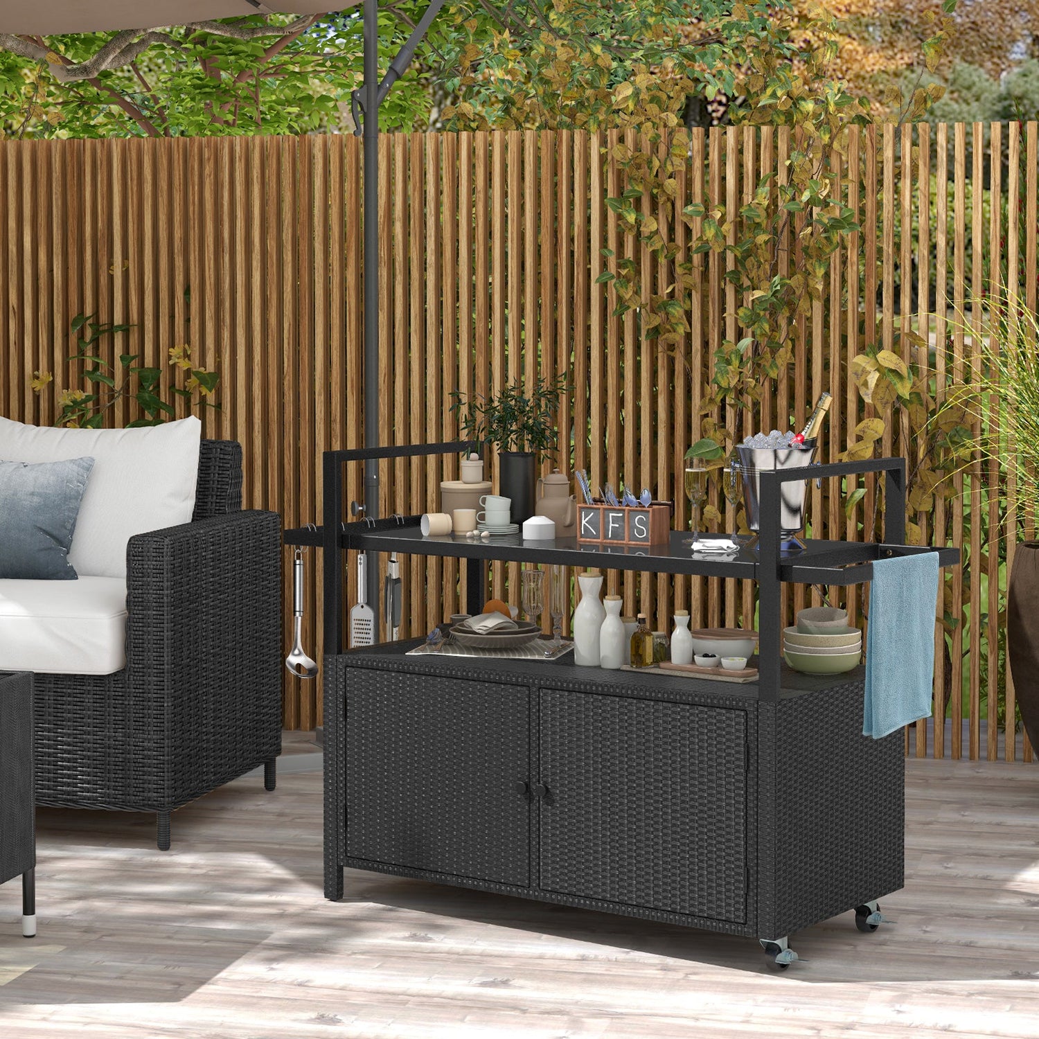 Outdoor Wicker Buffet Serving Cart with Cabinet and 8 Hooks - Black, Gray, or Brown