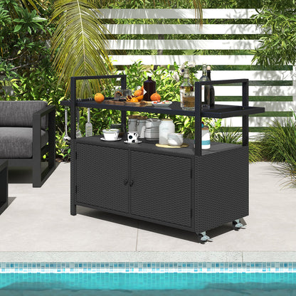 Outdoor Wicker Buffet Serving Cart with Cabinet and 8 Hooks - Black, Gray, or Brown