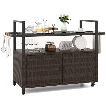 Outdoor Wicker Buffet Serving Cart with Cabinet and 8 Hooks - Black, Gray, or Brown