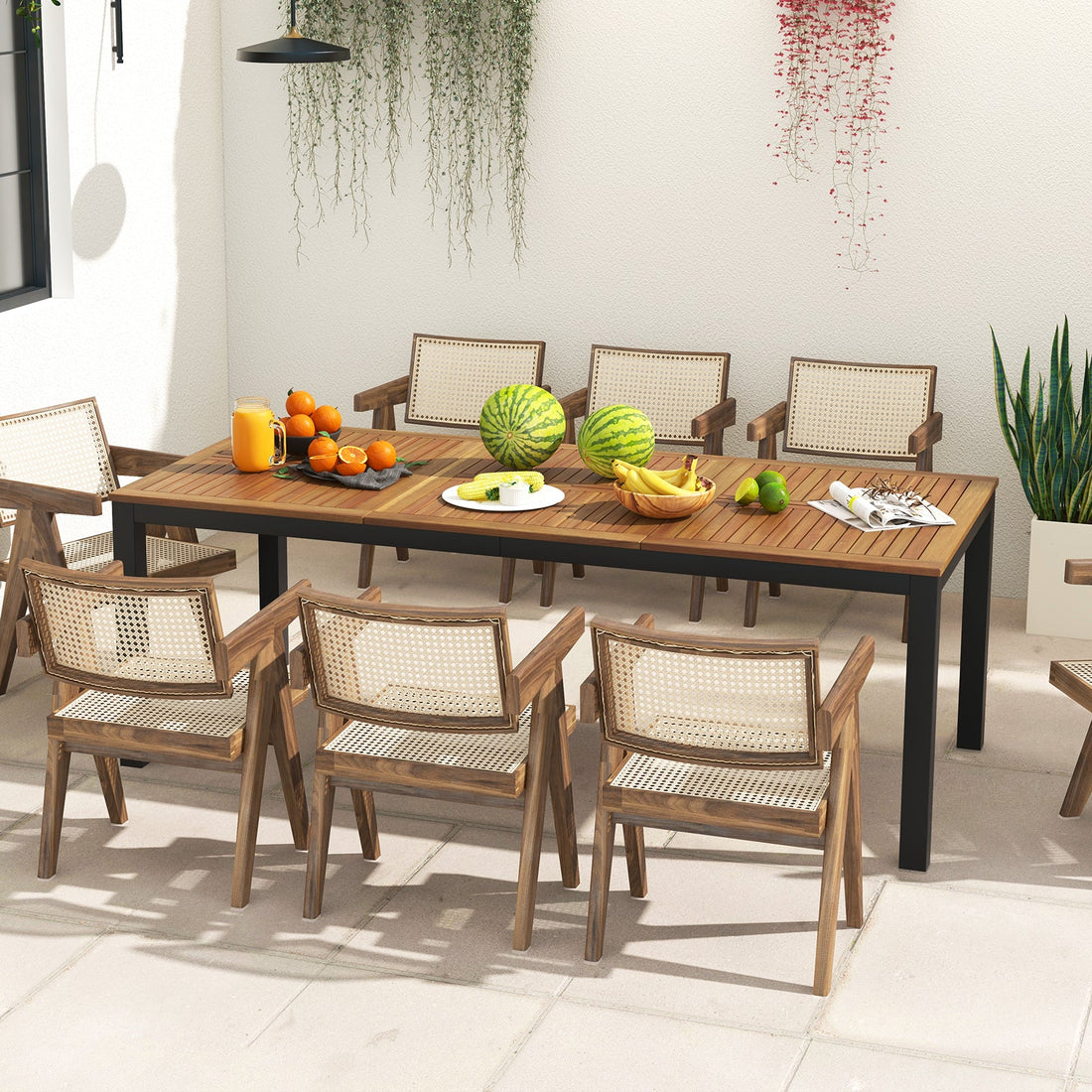 8-Person Outdoor Acacia Wood Dining Table with Umbrella Hole - 79"