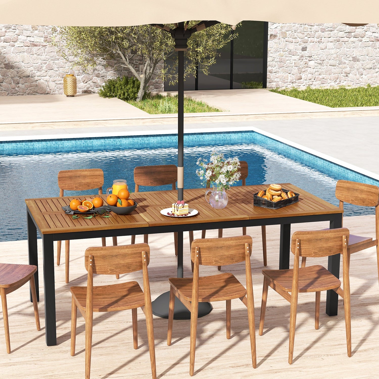 8-Person Outdoor Acacia Wood Dining Table with Umbrella Hole - 79"