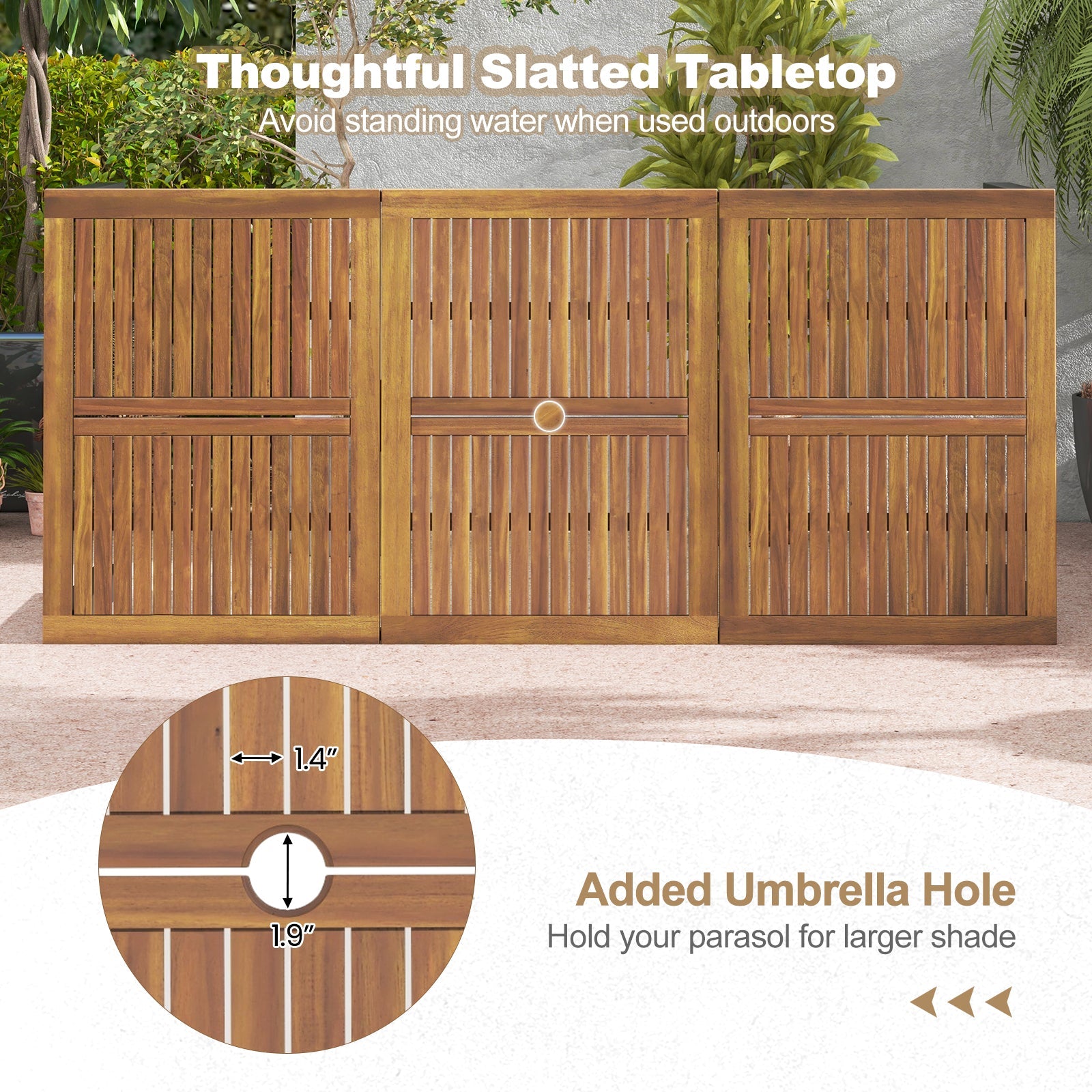 8-Person Outdoor Acacia Wood Dining Table with Umbrella Hole - 79"
