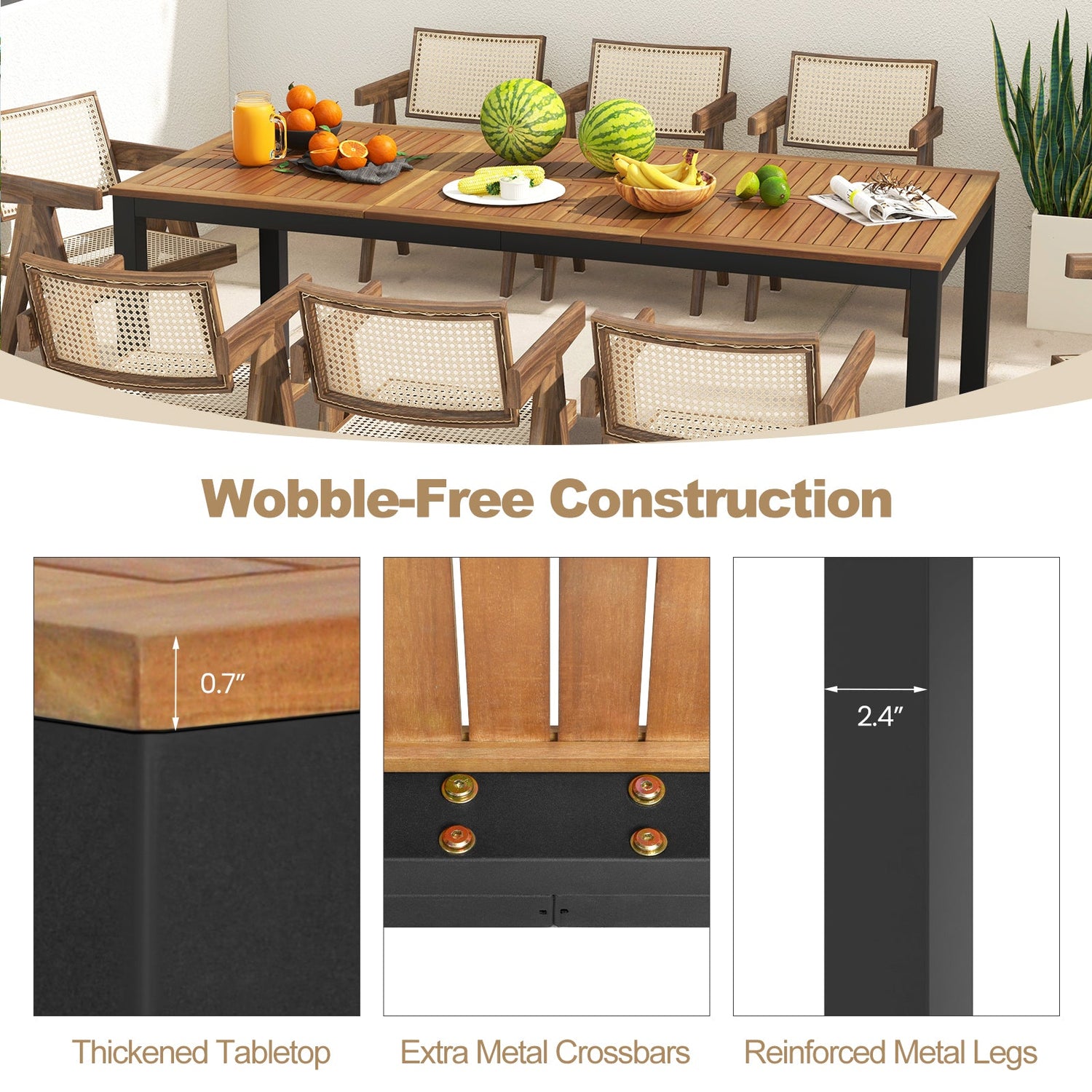 8-Person Outdoor Acacia Wood Dining Table with Umbrella Hole - 79"