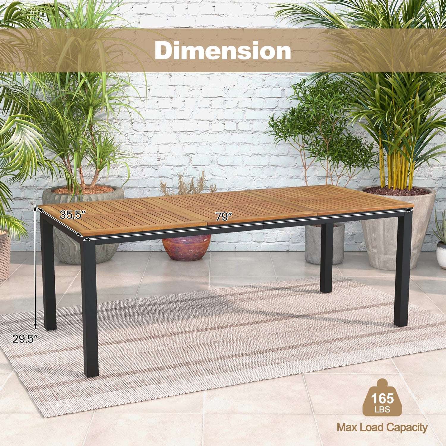 8-Person Outdoor Acacia Wood Dining Table with Umbrella Hole - 79"