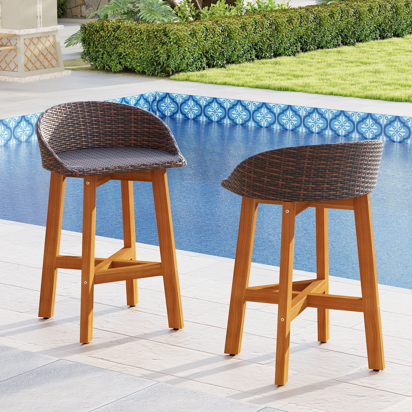 Outdoor Rattan Bar Chairs Set of 2 - Brown or Gray