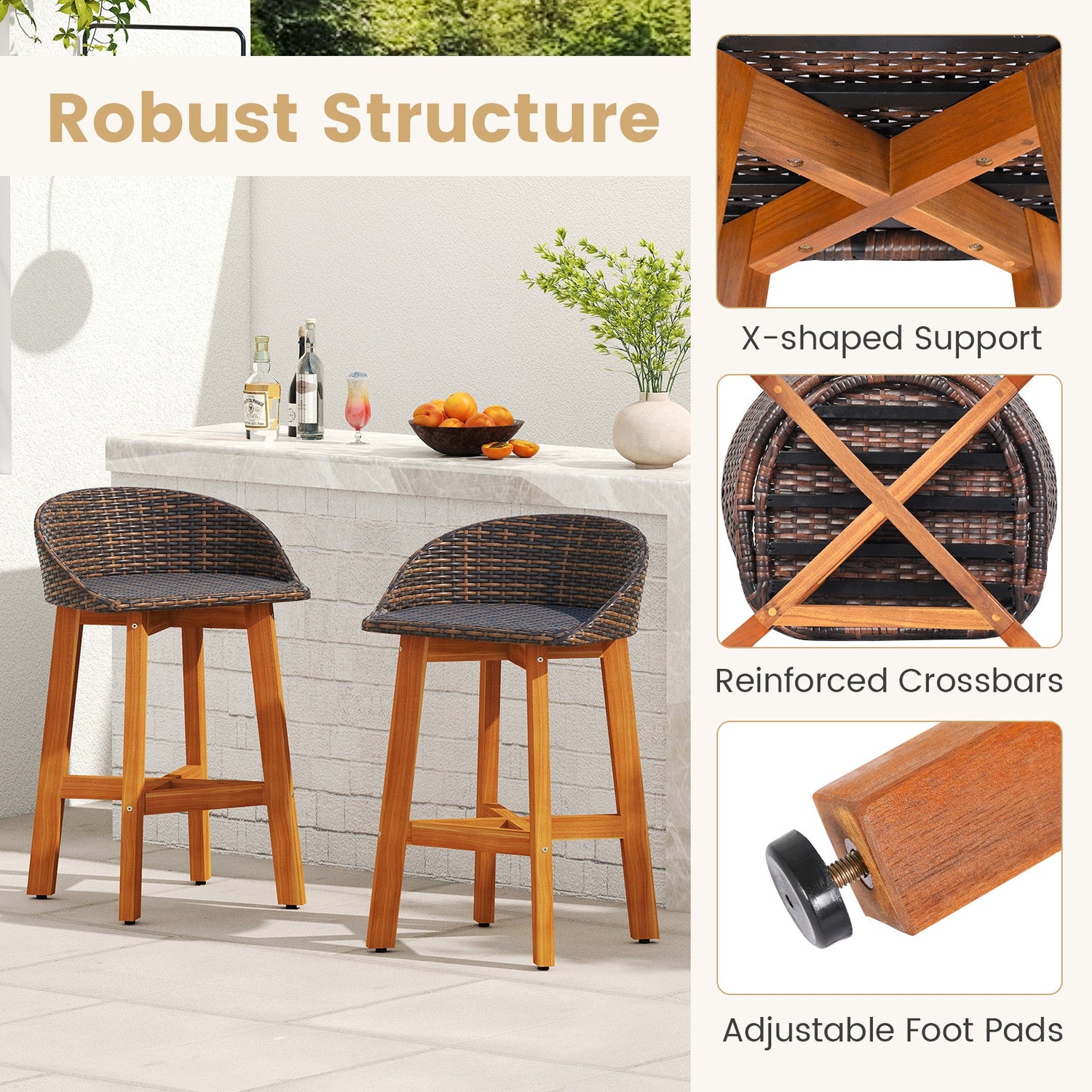 Outdoor Rattan Bar Chairs Set of 2 - Brown or Gray