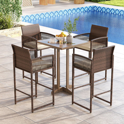 Set of 2 Patio Bar Height Rattan Chairs with Cushions
