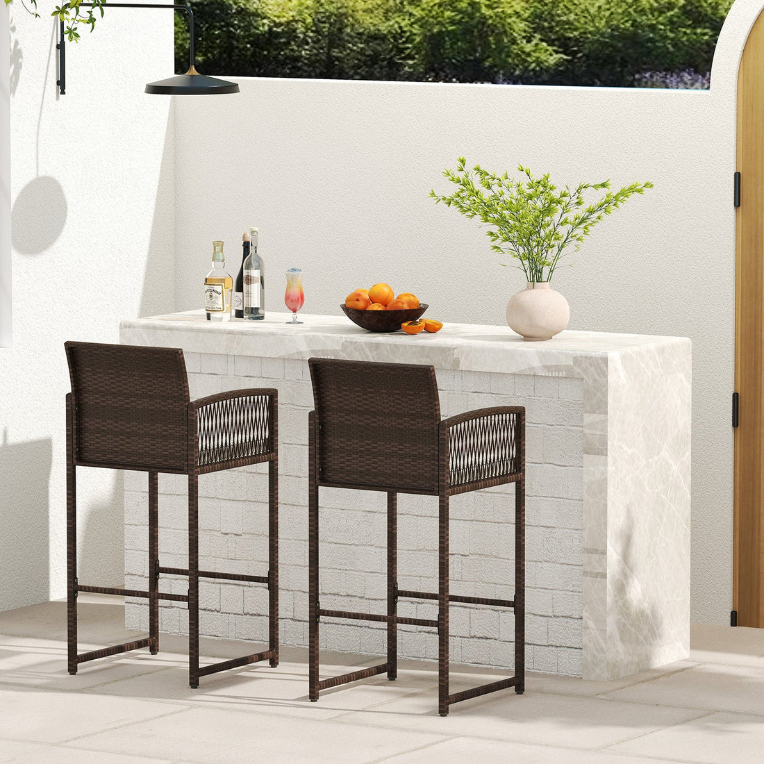Set of 2 Patio Bar Height Rattan Chairs with Cushions