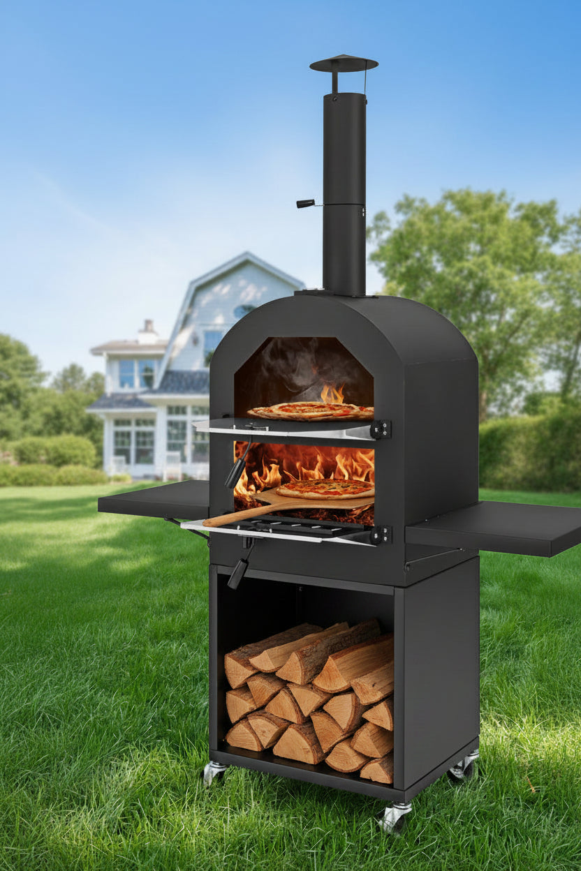 Outdoor Pizza Oven with Protective Cover, Grill Racks and Built-in Thermometer