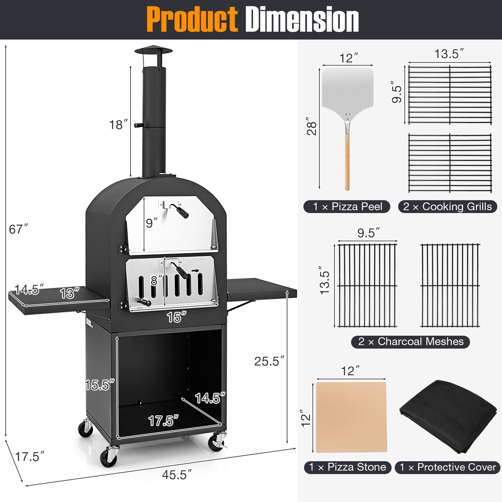Outdoor Pizza Oven with Protective Cover, Grill Racks and Built-in Thermometer