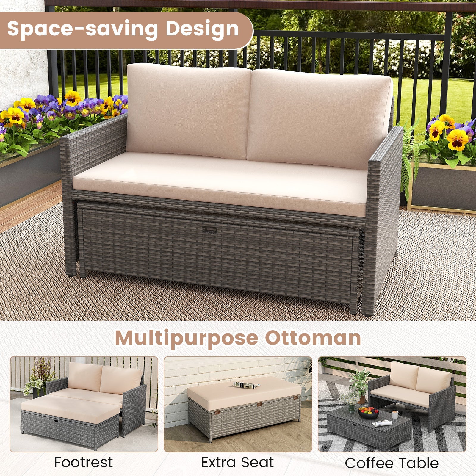Outdoor Rattan Daybed Loveseat and 31 Gallon Storage Ottoman
