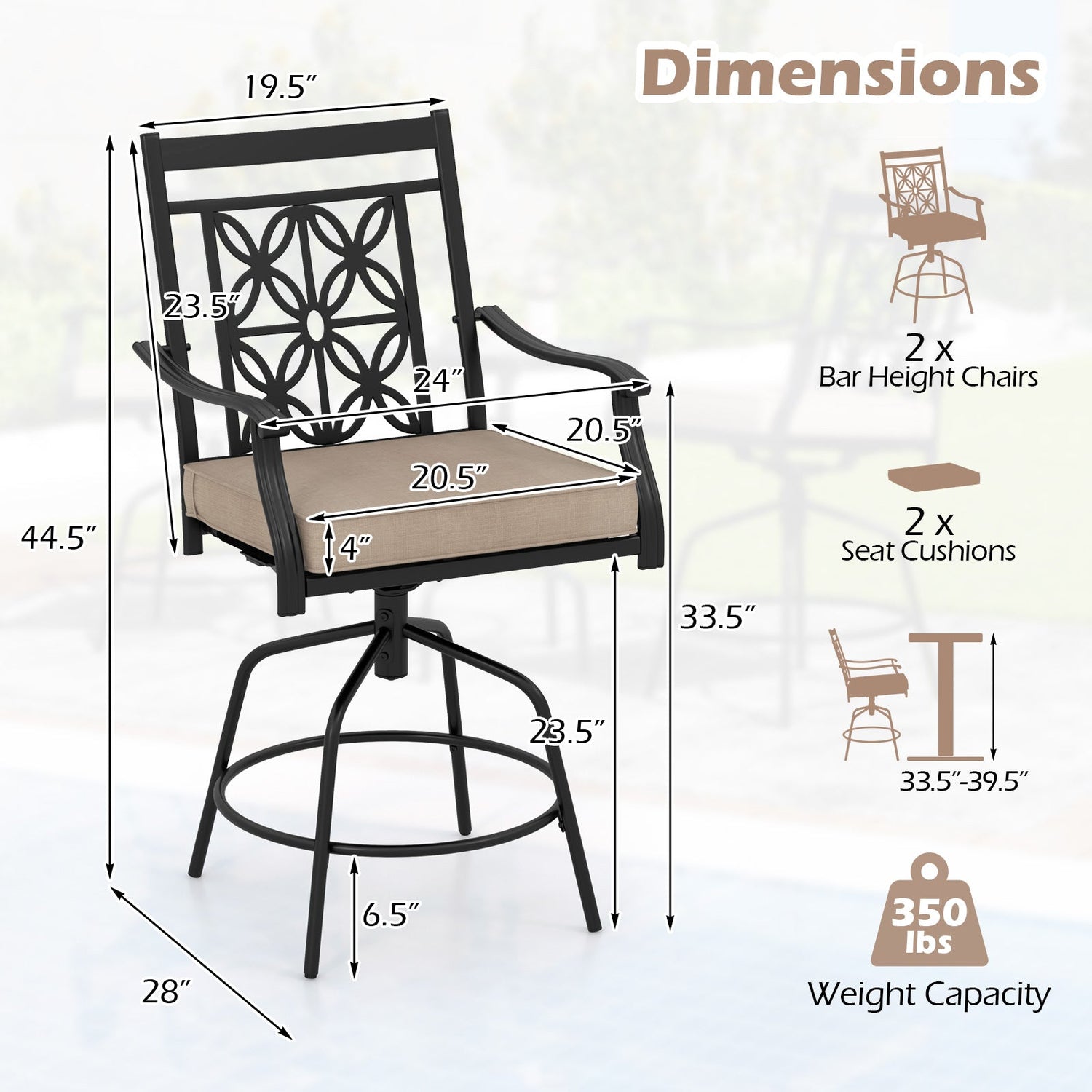 Outdoor Swivel Bar Stools Set of 2 with Seat Cushions